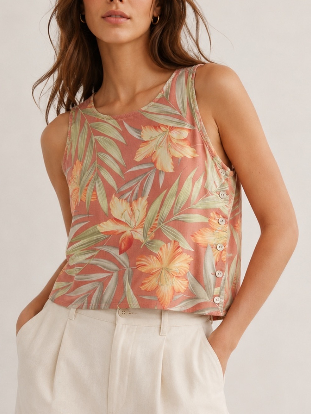 Tommy Bahama Silk Blend Floral Tank Top Tropical Resort Coral Small